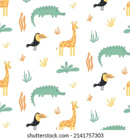 Childish seamless pattern with jungle animals. Hand-drawn cute pattern with crocodile, toucan and giraffe. Safari pattern.Vector illustration.