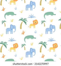 Childish seamless pattern with jungle animals and palm trees. Hand drawn cute pattern with crocodile, lion and elephant. Safari pattern. Vector illustration.