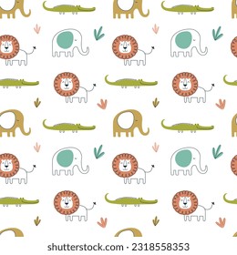 Childish seamless pattern with jungle animals. Hand drawn cute pattern with crocodile, lion and elephant.