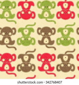 Childish seamless pattern with kawaii monkeys. Hand-sewn style elements with light seams. Bright and happy color palette.