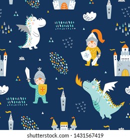 Childish seamless pattern with knight, dragon and castle