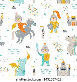 Childish seamless pattern with knight, dragon and castle