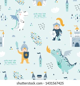 Childish seamless pattern with knight, dragon and castle