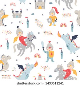 Childish seamless pattern with knight, dragon and castle