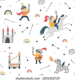 Childish seamless pattern with knight, dragon and castle.
Perfect for kids design, fabric, wrapping, wallpaper, textile, apparel