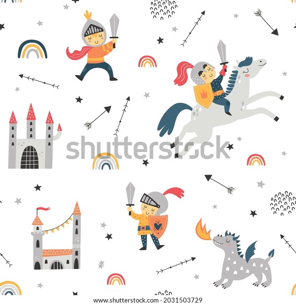 Childish seamless pattern with knight, dragon and castle. Perfect for kids design, wallpaper for walls.
