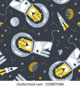 Patrón infantil sin fisuras con ilustración de astronauta de león. Fondo infantil vectorial creativo para tela, textil, papel tapiz de vivero. Ilustración vectorial.