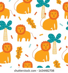 Childish seamless pattern with lions, palm trees and tropical leaves on white background. Scandinavian style. Perfect for childish print, apparel, nursery. Vector Illustration
