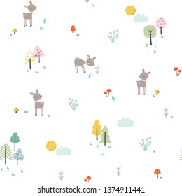 Childish seamless pattern with little deer in the forest. Vector illustration in scandinavian style