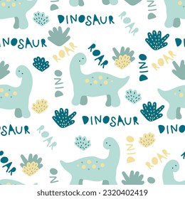 Childish seamless pattern with little dinosaurs. Cute baby print for tee, textile and fabric. Hand drawn vector illustration for decor and design.
