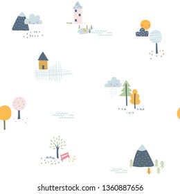 Childish seamless pattern with little houses, trees and mountains. Vector illustration. Use for textile, print, surface design, fashion kids wear