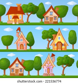 Childish seamless pattern with little houses and trees