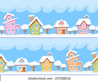 Childish seamless pattern with little snow-covered houses and trees