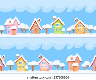 Childish seamless pattern with little snow-covered houses and trees