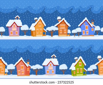 Childish seamless pattern with little snow-covered houses and trees. The evening comes and the snow falls