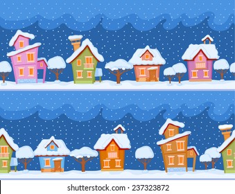 Childish seamless pattern with little snow-covered houses and trees. The evening comes and the snow falls