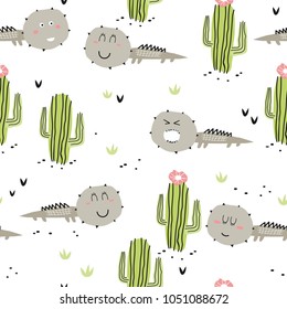 Childish seamless pattern with lizard and cactus. Perfect for kids fabric, textile, nursery wallpaper.