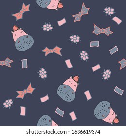 Childish seamless pattern made in hand drawn doodle style. Design animal made in soft colours. Background or wallpaper may use for wrapping paper, web page, kids nursery, postcard, hand made album