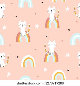 Childish seamless pattern with magic cat and rainbows. Vector hand drawn illustration.