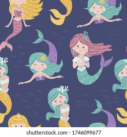 Childish seamless pattern with mermaids. Perfect for kids apparel, textile, nursery decoration and wrapping paper