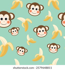 Childish seamless pattern monkey head and banana. Creative kids texture for fabric, wrapping, textile, wallpaper, apparel.