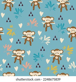 Childish seamless pattern monkey in scandinavian style. Creative kids texture for fabric, wrapping, textile, wallpaper, apparel. Dark grey background.