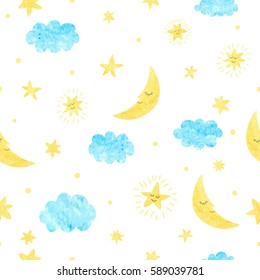 Childish seamless pattern with moon, clouds and stars. Vector background for kids design.