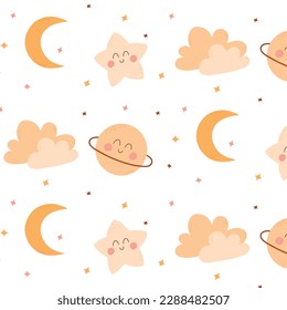 Childish seamless pattern with moon, planet, star and clouds. Vector illustration. Space print in boho style. Pattern for pajamas.