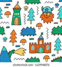 Childish seamless pattern with mountain, castle, dragon, forest and viking. Vector texture in childish style great for fabric and textile, wallpapers, backgrounds. Scandinavian style.