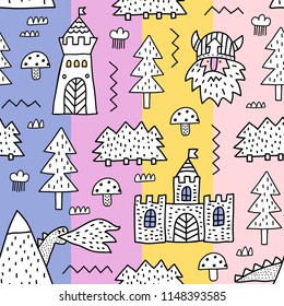 Childish seamless pattern with mountain, castle, dragon, forest and viking. Vector texture in childish style great for fabric and textile, wallpapers, backgrounds. Cheerful striped background