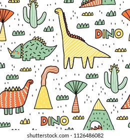 Childish seamless pattern with mountain, volcano, dinosaurs and tropical plants. Vector texture in childish style great for fabric and textile, wallpapers, backgrounds. Scandinavian style.