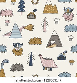 Childish seamless pattern with mountain, volcano, dinosaurs, forest and viking. Vector texture in childish style great for fabric and textile, wallpapers, backgrounds. Scandinavian style.