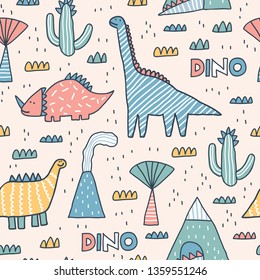 Childish seamless pattern with mountain, volcano, dinosaurs and tropical plants. Vector texture in childish style great for fabric and textile, wallpapers, backgrounds. Scandinavian style.