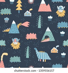 Childish seamless pattern with mountain, volcano, dinosaurs, forest and viking. Vector texture in childish style great for fabric and textile, wallpapers, backgrounds. Scandinavian style.