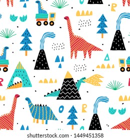 Childish seamless pattern with mountain, volcano, dinosaurs and tropical plants. Vector texture in childish style great for fabric and textile, wallpapers, backgrounds. Scandinavian style.