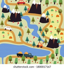 Childish seamless pattern with mountains, river, forest,  plants and endless car road. Vector illustration.