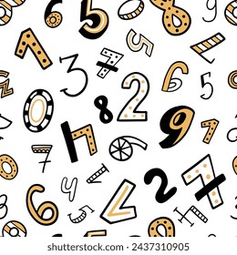 Childish seamless pattern with numbers in doodle style isolated on white. Can be used for covers of mathematics notebooks, for backgrounds on websites, and design of accessories for schoolchildren.