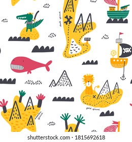 Childish seamless pattern. Ocean illustration with islands, waves and pirate ships. Creative texture for fabric, wrapping, textile, wallpaper, apparel. Vector illustration.