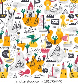 Childish seamless pattern. Ocean illustration with islands, waves and pirate ships. Creative texture for fabric, wrapping, textile, wallpaper, apparel. Vector illustration.