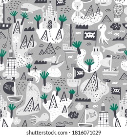 Childish seamless pattern. Ocean illustration with islands, waves and pirate ships. Creative texture for fabric, wrapping, textile, wallpaper, apparel. Vector illustration. Grey background.