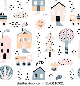 Childish seamless pattern with old buildings, cars, and trees. Good for kids fabric, textile, nursery wallpaper. Seamless city landscape. Scandinavian style