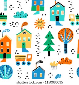 Childish seamless pattern with old buildings, cars, and trees. Good for kids fabric, textile, nursery wallpaper. Seamless city landscape. Scandinavian style