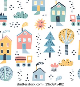 Childish seamless pattern with old buildings, cars, and trees. Good for kids fabric, textile, nursery wallpaper. Seamless city landscape. Scandinavian style