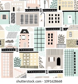 Childish seamless pattern with old and modern buildings, roads, transport, abstract shapes and textures. Good for kids fabric, textile, nursery wallpaper. Seamless city landscape. Scandinavian style