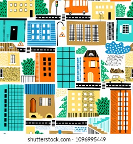 Childish seamless pattern with old and modern buildings, roads, transport, abstract shapes and textures. Good for kids fabric, textile, nursery wallpaper. Seamless city landscape. Scandinavian style