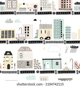 Childish seamless pattern with old and modern buildings, roads, transport, abstract shapes and textures. Good for kids fabric, textile, nursery wallpaper. Seamless city landscape. Scandinavian style