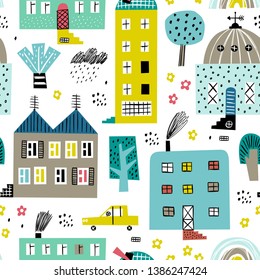 Diseño chileno sin fisuras con edificios antiguos y modernos, transporte, formas abstractas y texturas. Bueno para los niños tela, textil, papel tapiz de vivero. Paisaje urbano sin problemas. Estilo escandinavo