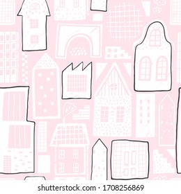 Childish seamless pattern with old and modern buildings and abstract shapes. Good for kids fabric, textile, nursery wallpaper. Seamless city landscape. Pink background.