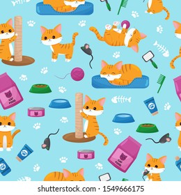 Childish seamless pattern on blue background. Red cats with objects for care. Kawaii kittens, cat food, toys and paws. Cartoon characters.