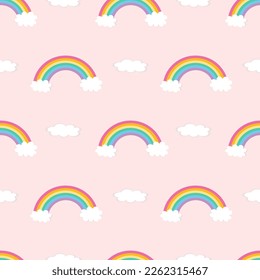 childish seamless pattern on pink background rainbow with clouds